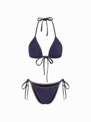 Cotton-blend Halter Neckline Triangle Tie Side Bikini Set With Ruffle Skirt