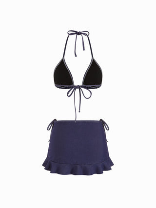 Cotton-blend Halter Neckline Triangle Tie Side Bikini Set With Ruffle Skirt