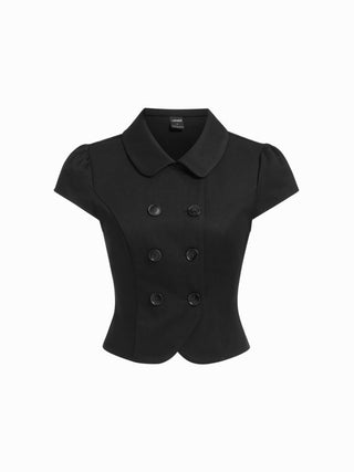 Cotton-blend Peter Pan Collar Puff Sleeve Metal Detail Double Breasted Blouse