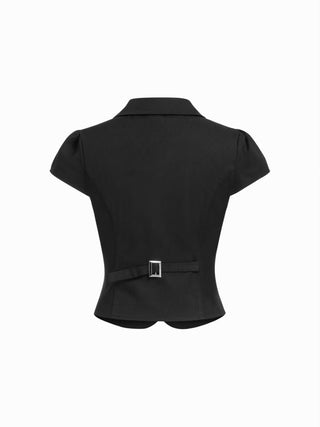 Cotton-blend Peter Pan Collar Puff Sleeve Metal Detail Double Breasted Blouse