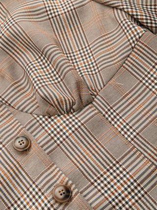 Plaid Notched Collar Mid-length Sleeve Button Through Ruched Blouse