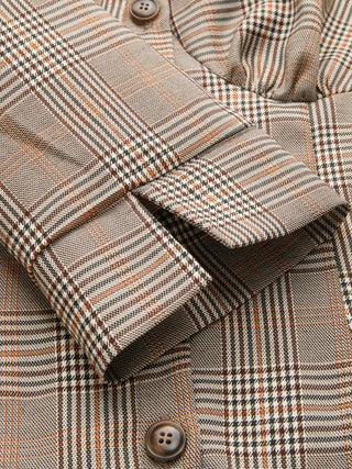 Plaid Notched Collar Mid-length Sleeve Button Through Ruched Blouse