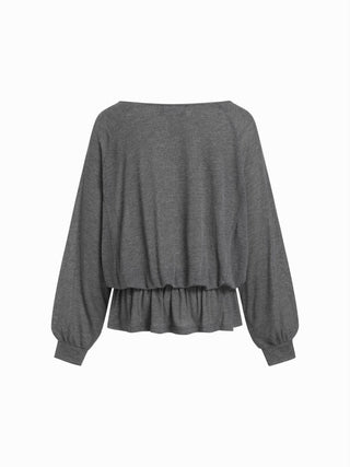 Textured Boat Neck Lantern Sleeve Ruffle Hem Oversized Top
