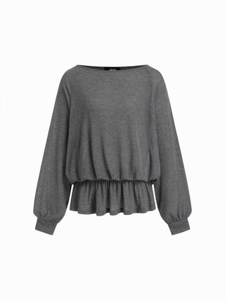 Textured Boat Neck Lantern Sleeve Ruffle Hem Oversized Top