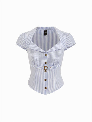 Cotton-blend Stripe Collar Metal Button Belted Blouses