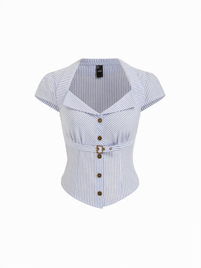 Cotton-blend Stripe Collar Metal Button Belted Blouses