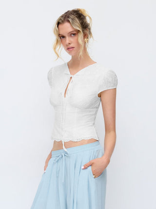 Cotton Broderie Anglaise Puff Sleeve Bowknot Blouse