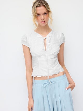 Cotton Broderie Anglaise Puff Sleeve Bowknot Blouse