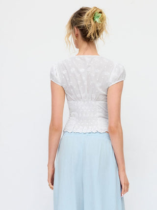 Cotton Broderie Anglaise Puff Sleeve Bowknot Blouse