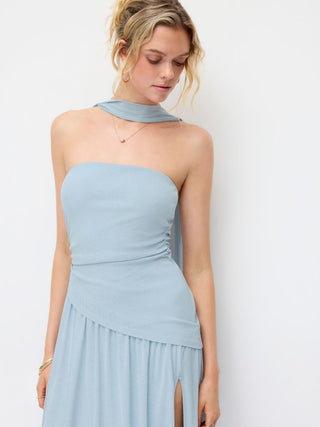 Textured Halter Neckline Ruched Split A-line Maxi Dress With Scarf
