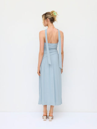 Textured Halter Neckline Ruched Split A-line Maxi Dress With Scarf