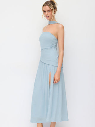Textured Halter Neckline Ruched Split A-line Maxi Dress With Scarf