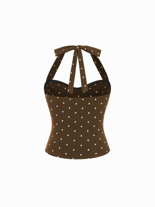 Cotton Polka Dot Halter Neck Ruched Tie Back Top