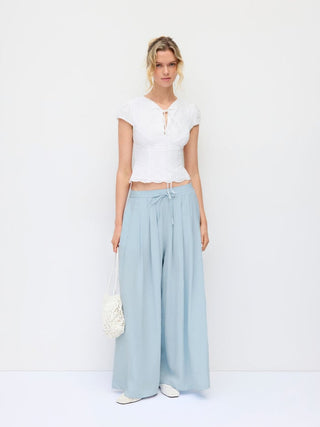 Cotton-blend Mid Rise Drawstring Ruched Wide Leg Trousers