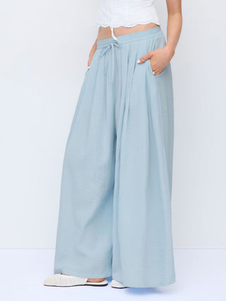 Cotton-blend Mid Rise Drawstring Ruched Wide Leg Trousers