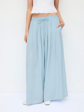 Cotton-blend Mid Rise Drawstring Ruched Wide Leg Trousers