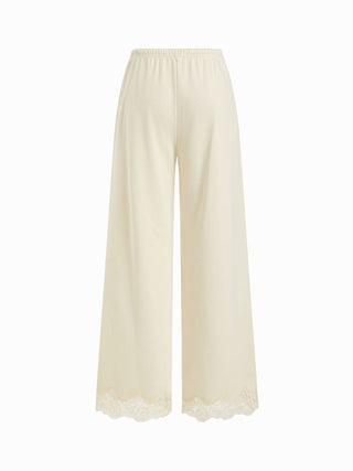 Cotton-blend Mid Rise Lace Trim Oversized Wide Leg Trousers