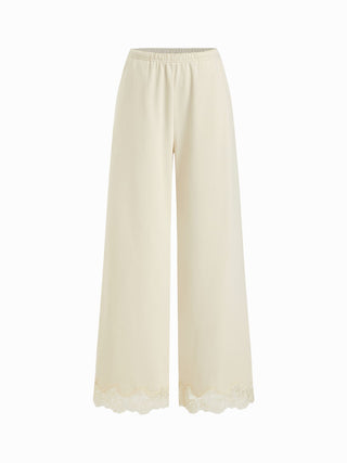 Cotton-blend Mid Rise Lace Trim Oversized Wide Leg Trousers