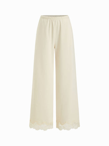 Cotton-blend Mid Rise Lace Trim Oversized Wide Leg Trousers