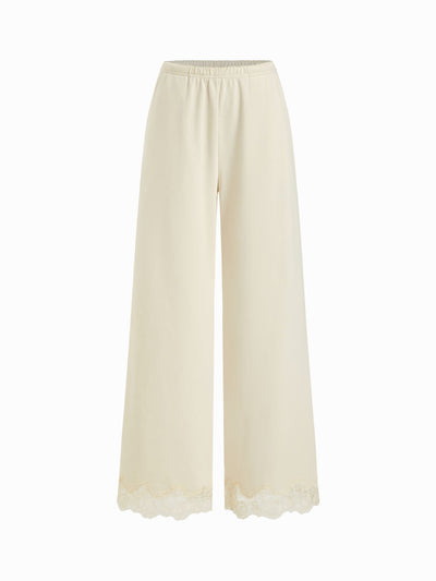 Cotton-blend Mid Rise Lace Trim Oversized Wide Leg Trousers