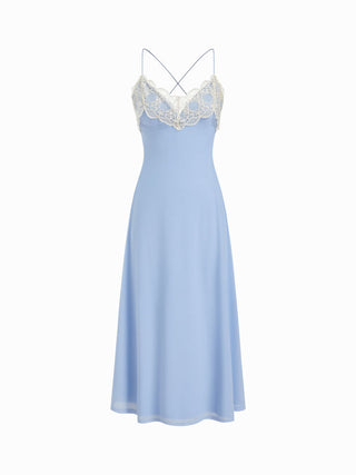 Chiffon Sweetheart Neck Lace Trim Criss Cross Cami Maxi Dress