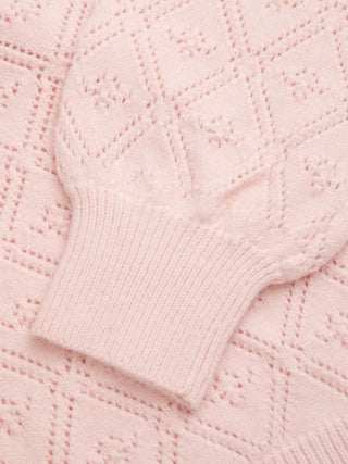 Knit Pointelle Asymmetrical Neck Puff Sleeve Bowknot Top