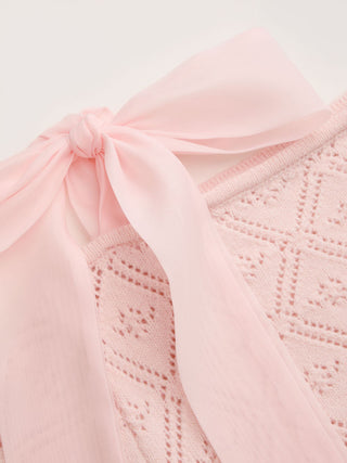 Knit Pointelle Asymmetrical Neck Puff Sleeve Bowknot Top