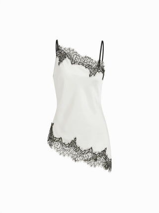 Satin Asymmetrical Neck Contrasting Lace Trim Asymmetrical Hem Cami Blouse