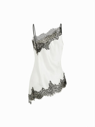 Satin Asymmetrical Neck Contrasting Lace Trim Asymmetrical Hem Cami Blouse