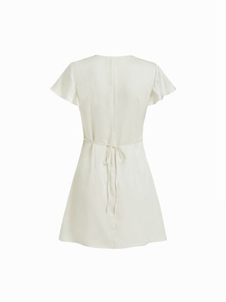 Satin V-neck Ruffle Sleeve Lace Trim Tie Front A-line Mini Dress