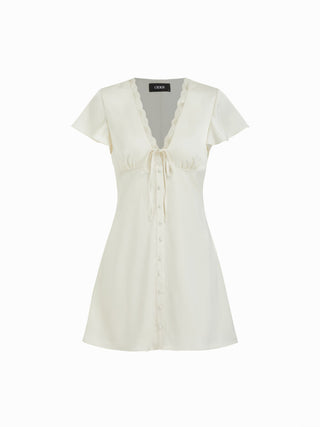 Satin V-neck Ruffle Sleeve Lace Trim Tie Front A-line Mini Dress