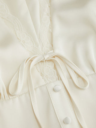Satin V-neck Ruffle Sleeve Lace Trim Tie Front A-line Mini Dress