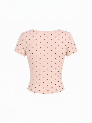 Cotton-blend Polka Dot V-neck Ruched Short Sleeve Top