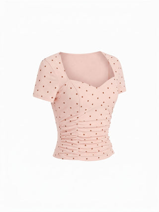 Cotton-blend Polka Dot V-neck Ruched Short Sleeve Top