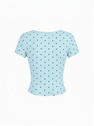 Cotton-blend Polka Dot V-neck Ruched Short Sleeve Top