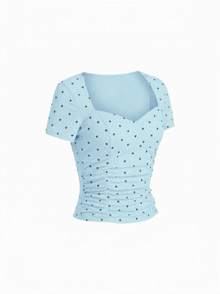 Cotton-blend Polka Dot V-neck Ruched Short Sleeve Top