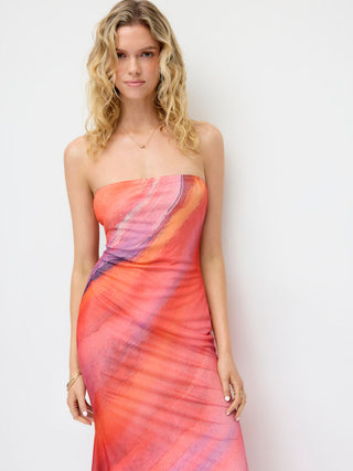 High Stretch Mesh Abstract Bandeau Straight Maxi Dress