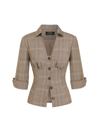 Plaid Notched Collar Mid-length Sleeve Button Through Ruched Blouse
