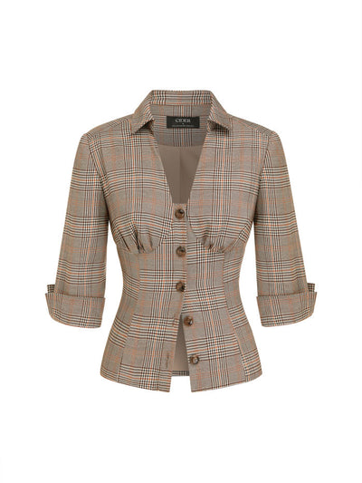Plaid Notched Collar Mid-length Sleeve Button Through Ruched Blouse