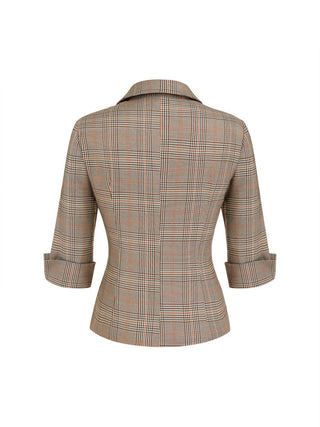 Plaid Notched Collar Mid-length Sleeve Button Through Ruched Blouse