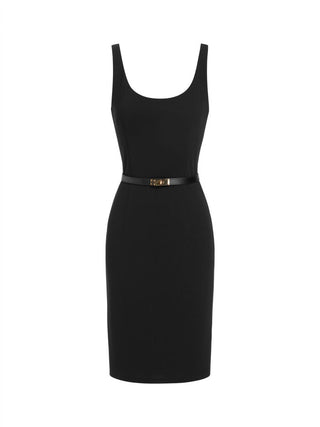 Textured Scoop Neck Metal Detail Bodycon Midi Dress With Belt
