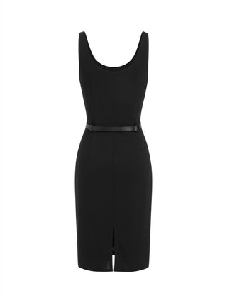 Textured Scoop Neck Metal Detail Bodycon Midi Dress With Belt