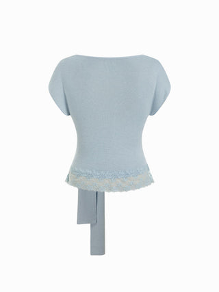 Knit Wool-blend Cowl Neck Lace Trim Tie Front Short Sleeve Top