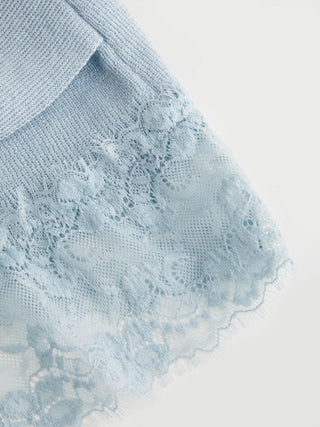Knit Wool-blend Cowl Neck Lace Trim Tie Front Short Sleeve Top
