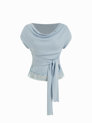 Knit Wool-blend Cowl Neck Lace Trim Tie Front Short Sleeve Top