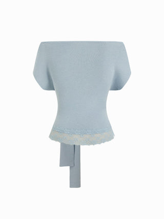 Knit Wool-blend Cowl Neck Lace Trim Tie Front Short Sleeve Top