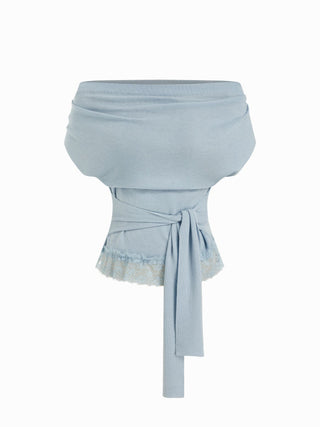 Knit Wool-blend Cowl Neck Lace Trim Tie Front Short Sleeve Top