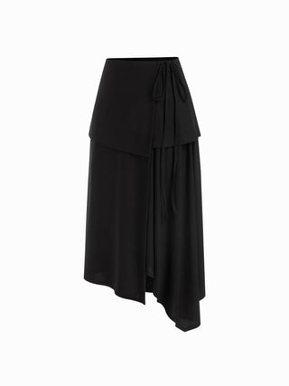 Textured Mid Rise Asymmetrical Tie Detail Flared Maxi Skirt