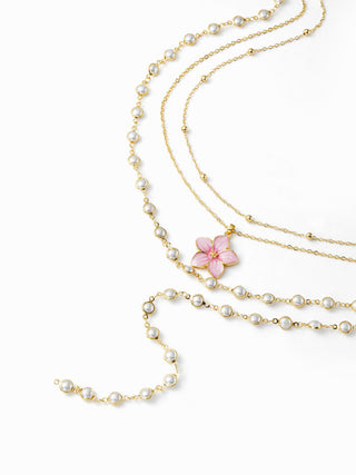 FLOWER & FAUX PEARL LAYERED NECKLACE