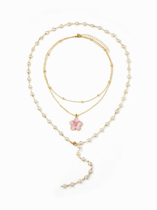FLOWER & FAUX PEARL LAYERED NECKLACE